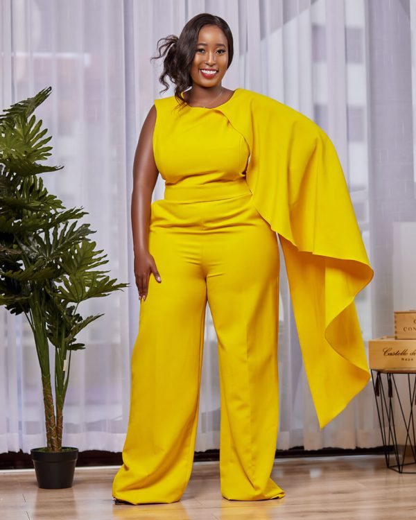 Yellow One Side Cape Jumpsuit- Tuvae-254