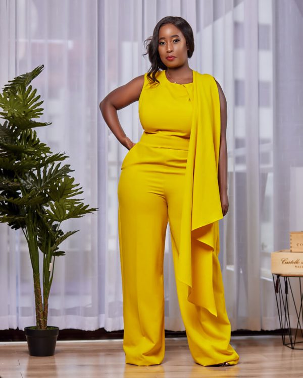 Yellow One Side Cape Jumpsuit- Tuvae-254